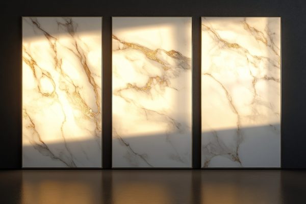 three vertical panels of cream-colored marble with gold flecks, set against a dark accent wall in a sophisticated interior, realistic texture, warm ambient glow --chaos 15 --ar 16:9 --style raw --v 6.1 Job ID: dee219ad-84de-42df-bb3c-1a5776281733
